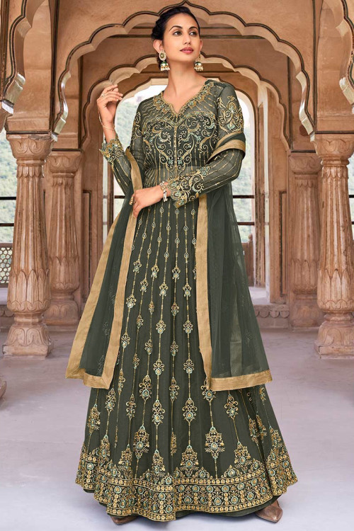 Olive Green Color Floor Length Floral Long Frock With Net Dupatta Salwar  Suit