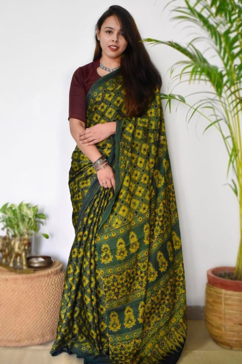 Moss Green Cotton Printed Light Weight Saree