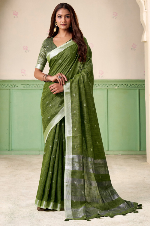 Moss Green Cotton Saree With Weaved Work For Festival