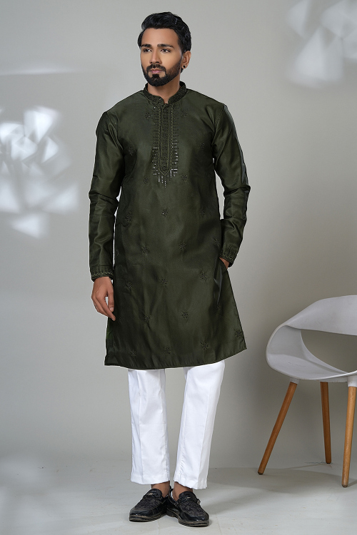 Moss Green Cotton Silk Men's Kurta Pajama With Sequins Work