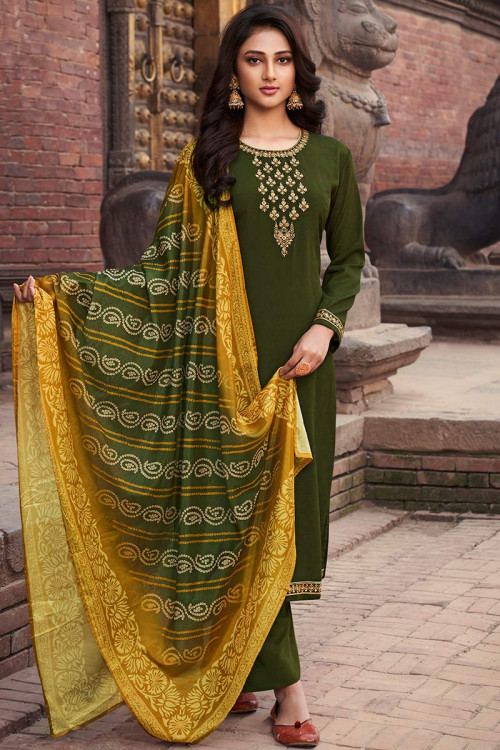 Moss Green Festive Wear Embroidered Palazzo Suit