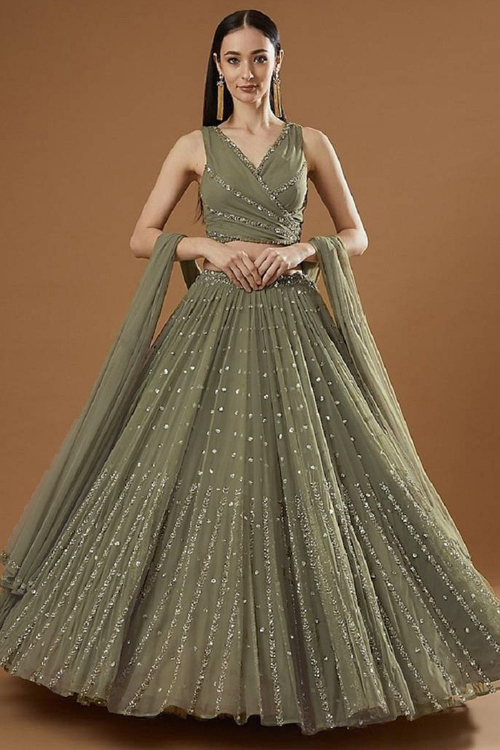 Moss Green Georgette Embroidered A Line Lehenga