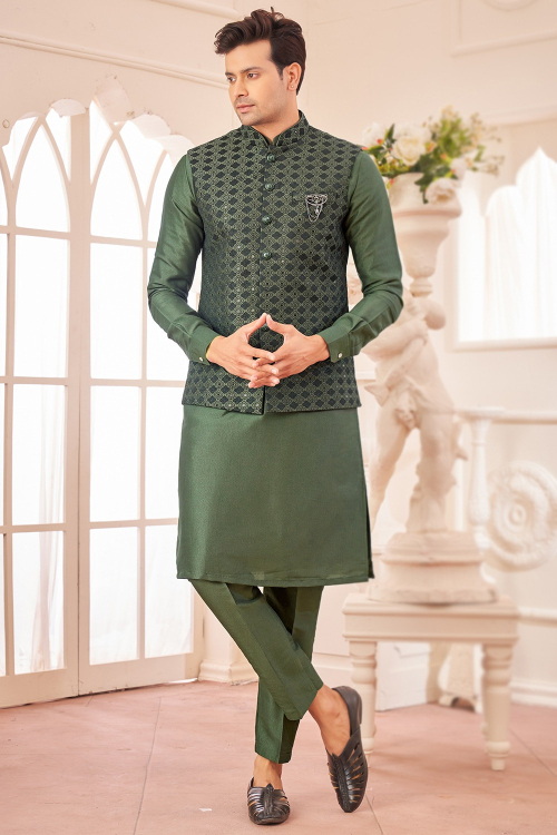 Moss Green Men's Silk Kurta Pajama With Embroidered Jacket