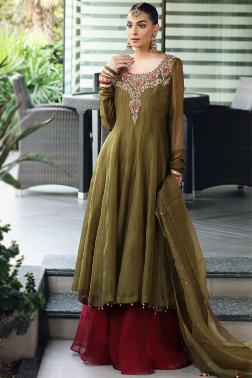 Olive Green Organza Embroidered Sharara Suit