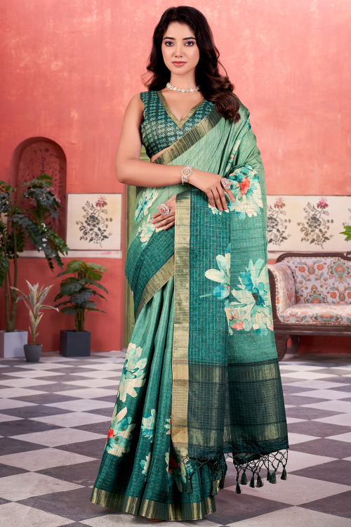 Moss Green Soft Silk Saree With Printed Work For Casual Wear