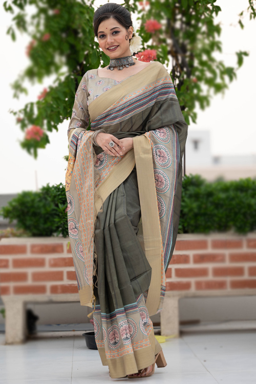 Moss Green Warli Print Tussar Silk Casual Wear Saree