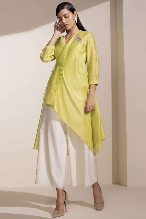 Pear Green Satin Georgette Embroidered Indo-Western Palazzo Suit