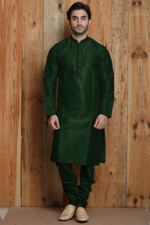 Raw Silk Kurta Pajama In Dark Green Colour