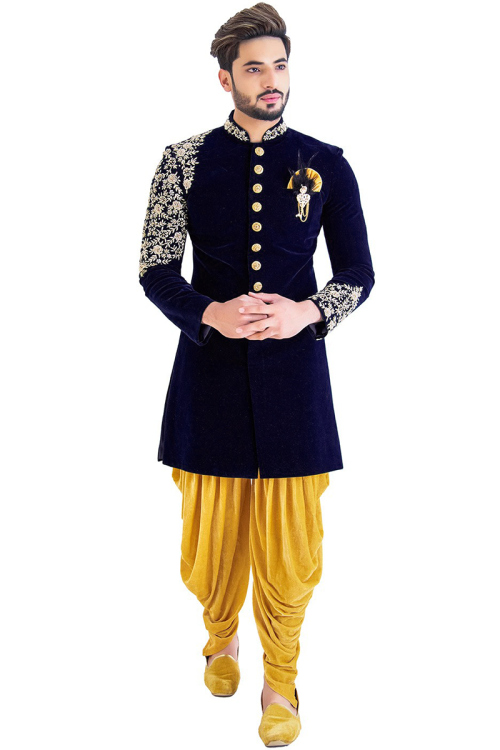 Navy Blue Velvet Sherwani With Dhoti Pant