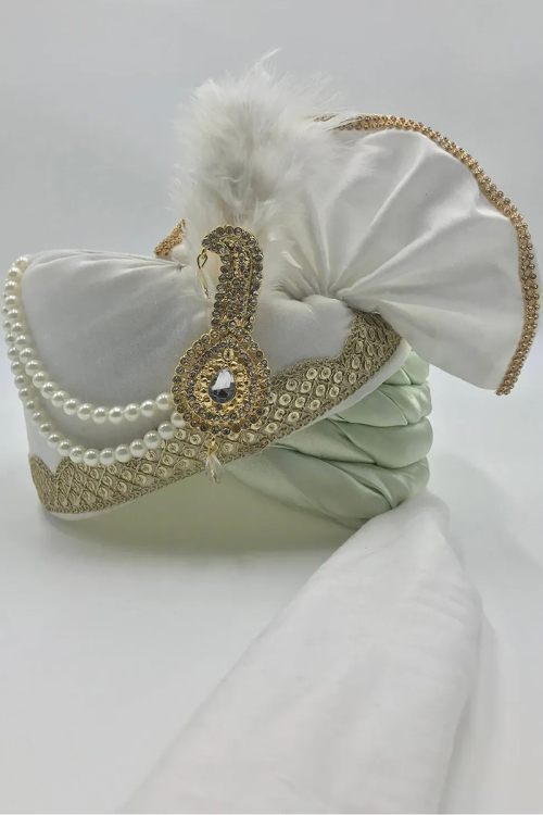Silk White Sequins Embroidered Men's Turban