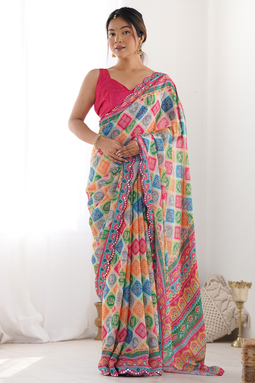 Multi Color Chinnon Bandhej Printed Saree 