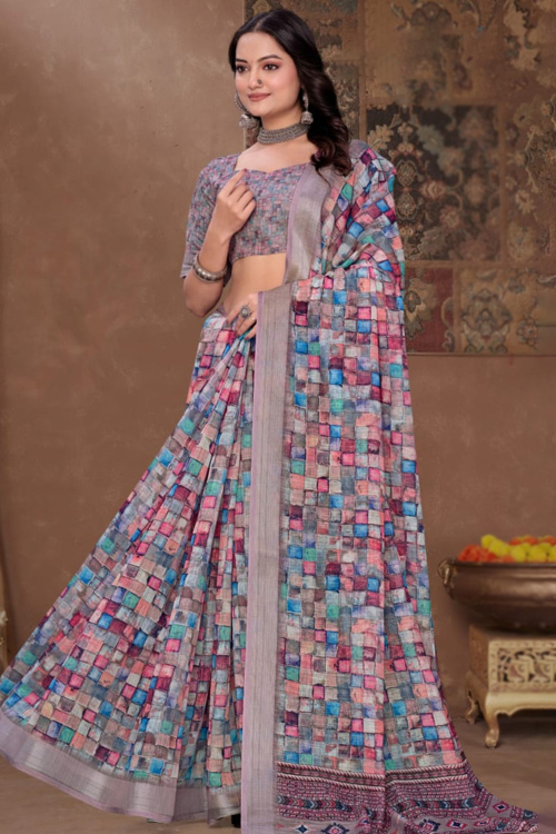 Multi Color Cotton Light Weight Saree With Printed Work