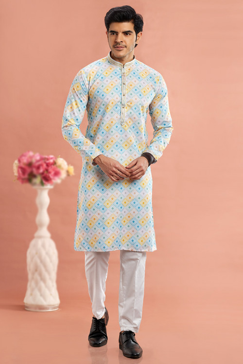 Multi Color Cotton Printed Men's Kurta Pajama For Sangeet 
