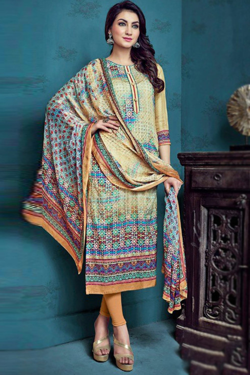 Multi Color Cotton Satin Digital Printed Churidar Suit