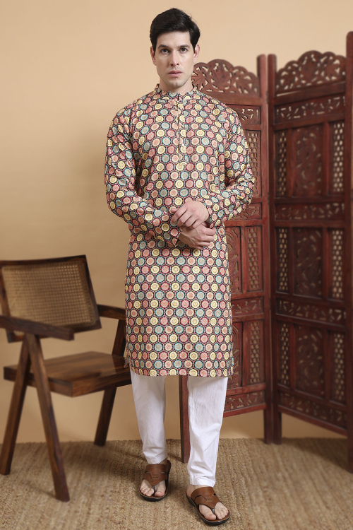 Multi Color Cotton Silk Men's Kurta Pajama With Printed Work