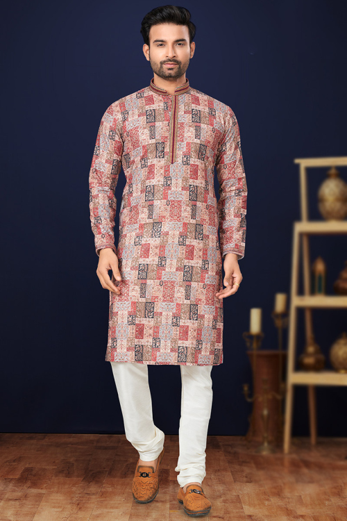 Multi Color Embroidered Cotton Straight Cut Men's Kurta Pajama