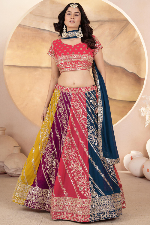 Multi Color Embroidered Georgette Lehenga 