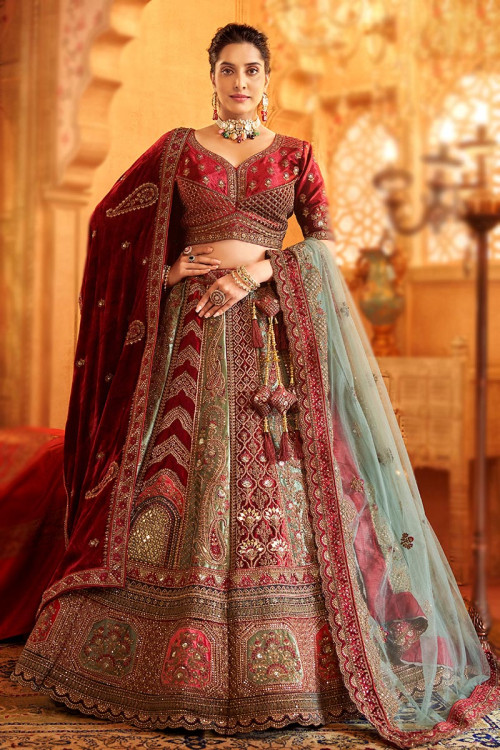 multi color embroidered velvet bridal wear lehenga llcv117437 1