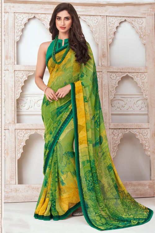 ICEBERG BLUE WOVEN DIGITAL PRINTED PURE SATIN CREPE SILK SAREE –  zarikaariindia.com