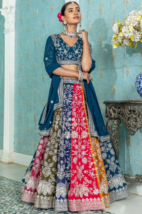 Multi Color Georgette Embroidered Panelled Style Lehenga 