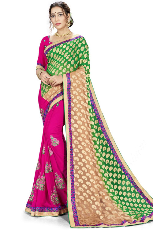 Georgette Multi Color Zari Embroidered Wedding Wear Saree