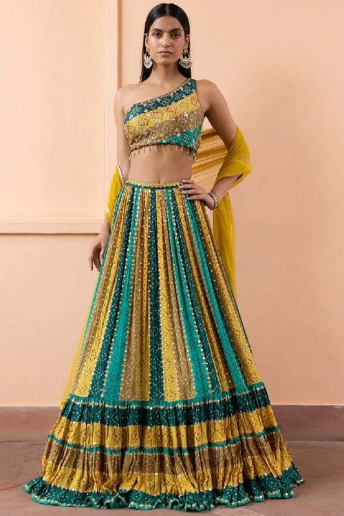 One Shoulder Multi-Color Lehenga with Mustard Net Dupatta