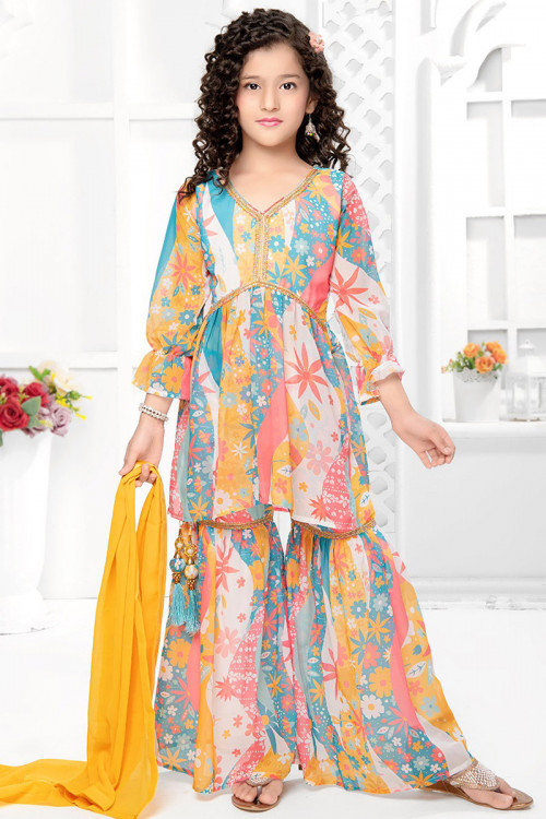Multi Color Georgette Printed Girl's Sharara Suit