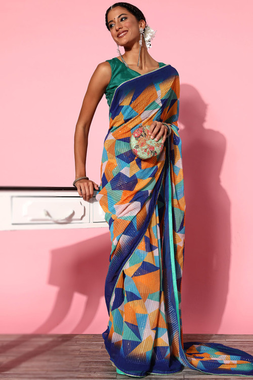 Party Wear Resham Embroidered Multi Color Saree in Georgette