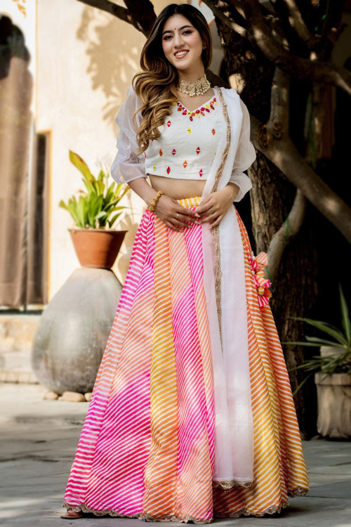 Multi Color Leheriya Printed Panelled Style Kota Doria Lehenga