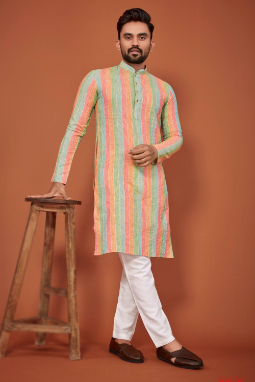 Multi Color Linen Sequins Embroidered Men's Kurta