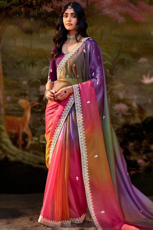 Multi Color Organza Sequins Embroidered Light Weight Saree