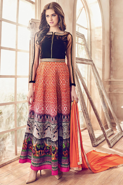 Multi Color Printed Art Silk Anarkali Suit