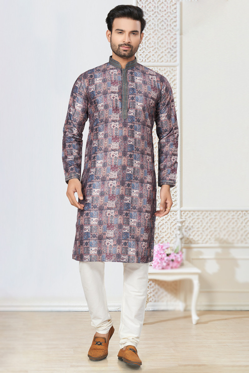 Printed Multi-Color Kurta Set with Silk Bottom & Collar