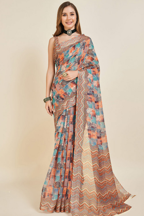 Multi Color Printed Lightweight Casual Wear Linen Saree 