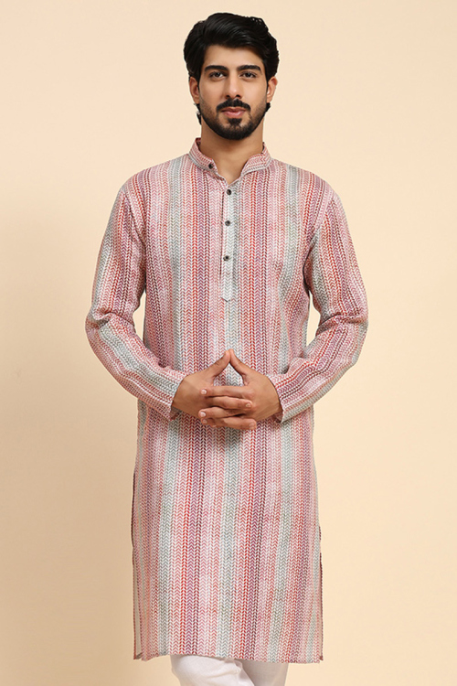 Multi Color Printed Linen Straight Cut Men's Kurta 