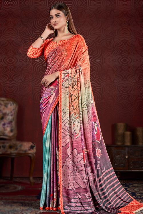 Multi Color Printed Satin Casual Wear Saree