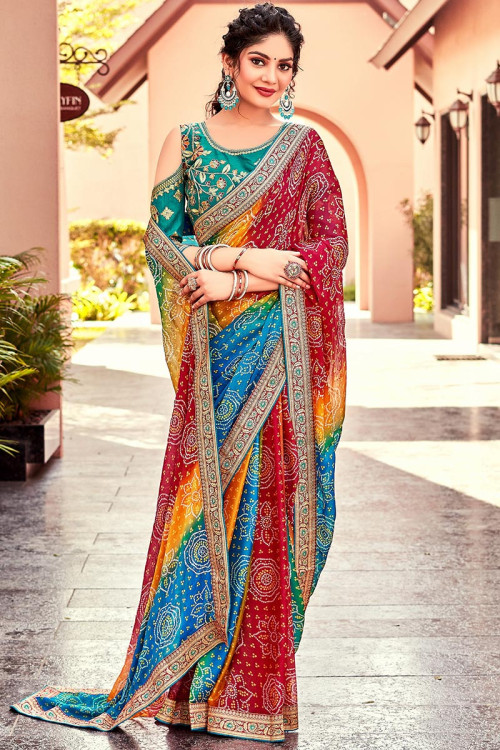 Multi Color Printed Traditional Chiffon Bandhej Saree 