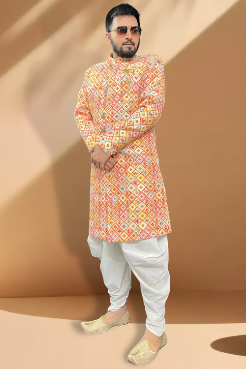 Multi Color Resham Embroidered Silk Side Slit Men's Sherwani