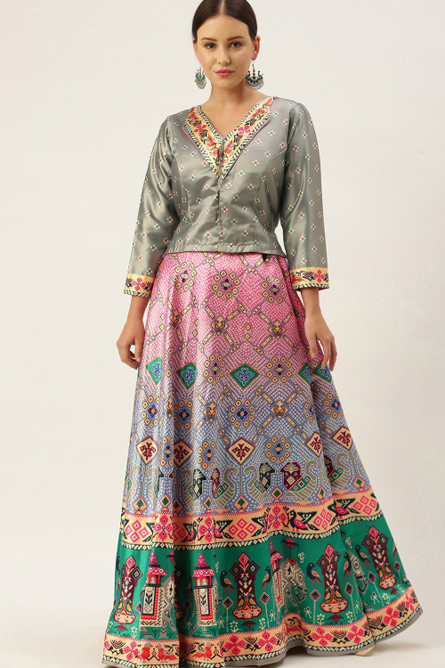 Multi Color Satin Bandhej Print A Line Lehenga