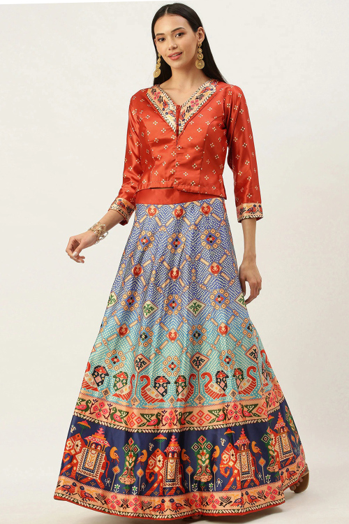 Festive Multicolor Satin Lehenga with Classic Prints