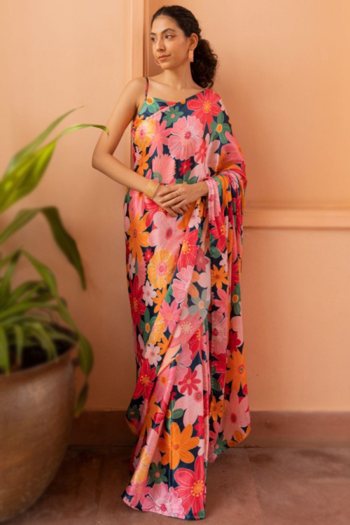 Multi Color Satin Floral Print Casual Wear Saree