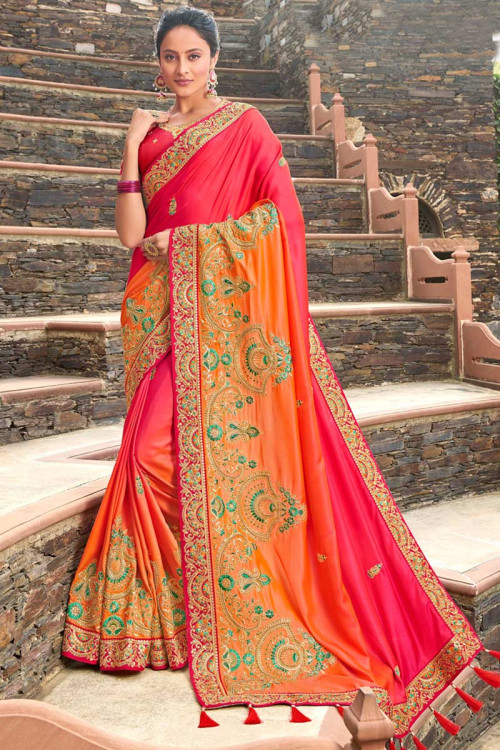 Buy Multi Color Satin Georgette Saree With Raw Silk Blouse Online Sarv06433 Andaaz Fashion 0517