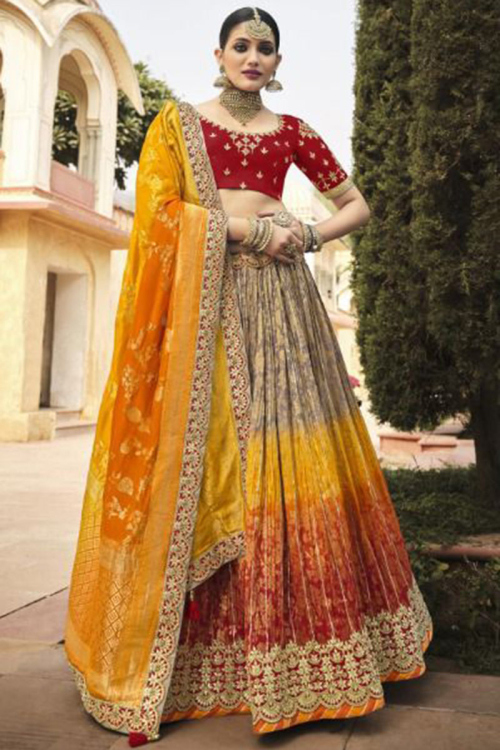 Multi-Color Silk A-Line Embroidered Lehenga