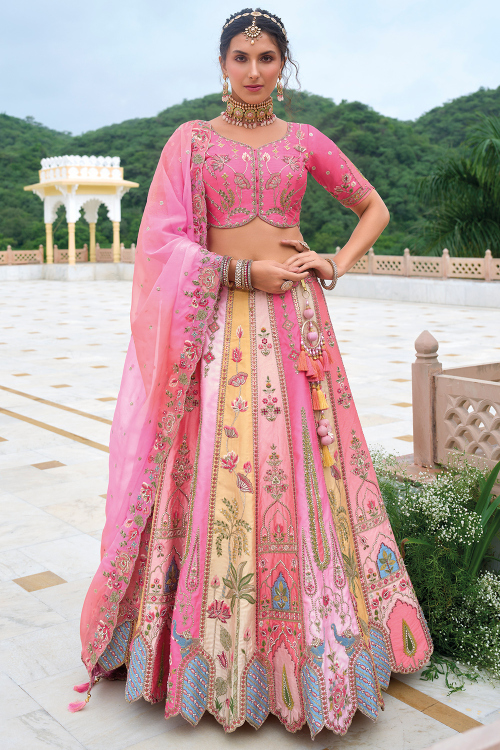 Multi Color Silk Beads Embroidered Panelled Style Lehenga