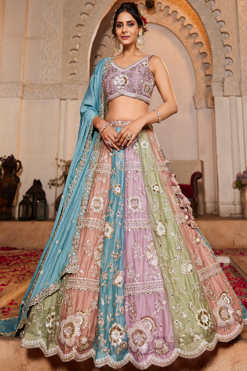 Multi Color Silk Embroidered A Line Lehenga 