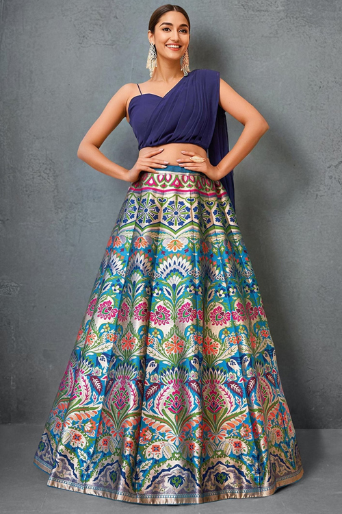 Multi Color Silk Printed Paneled Ready Made Lehenga