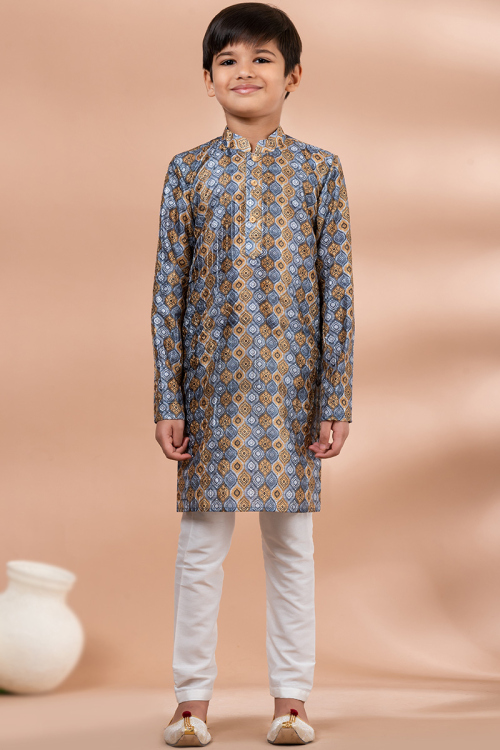 Multi Color Silk Printed Straight Cut Boy's Kurta Pajama 