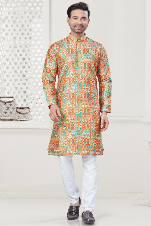 Multi Color Silk Printed Straight Cut Men's Kurta Pajama 