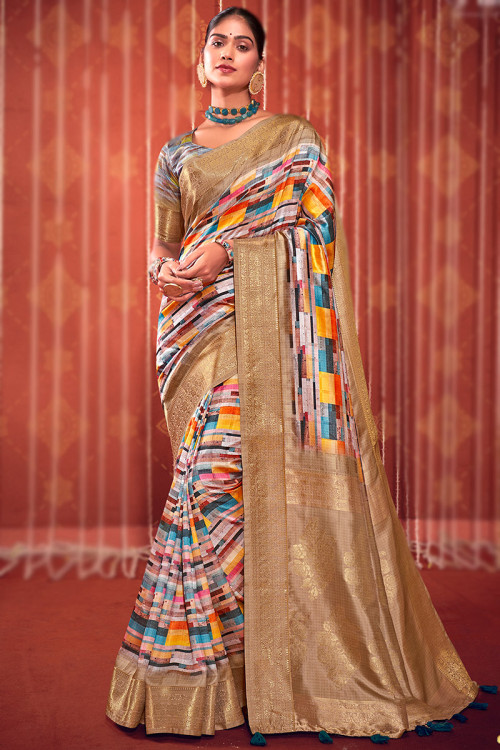Multi-Color Silk Weaved Broad Border Saree