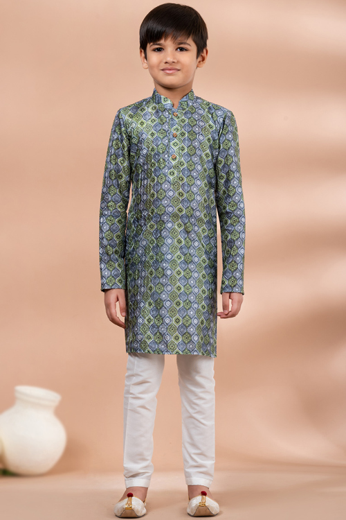 Multi Color Straight Cut Silk Printed Boy's Kurta Pajama 